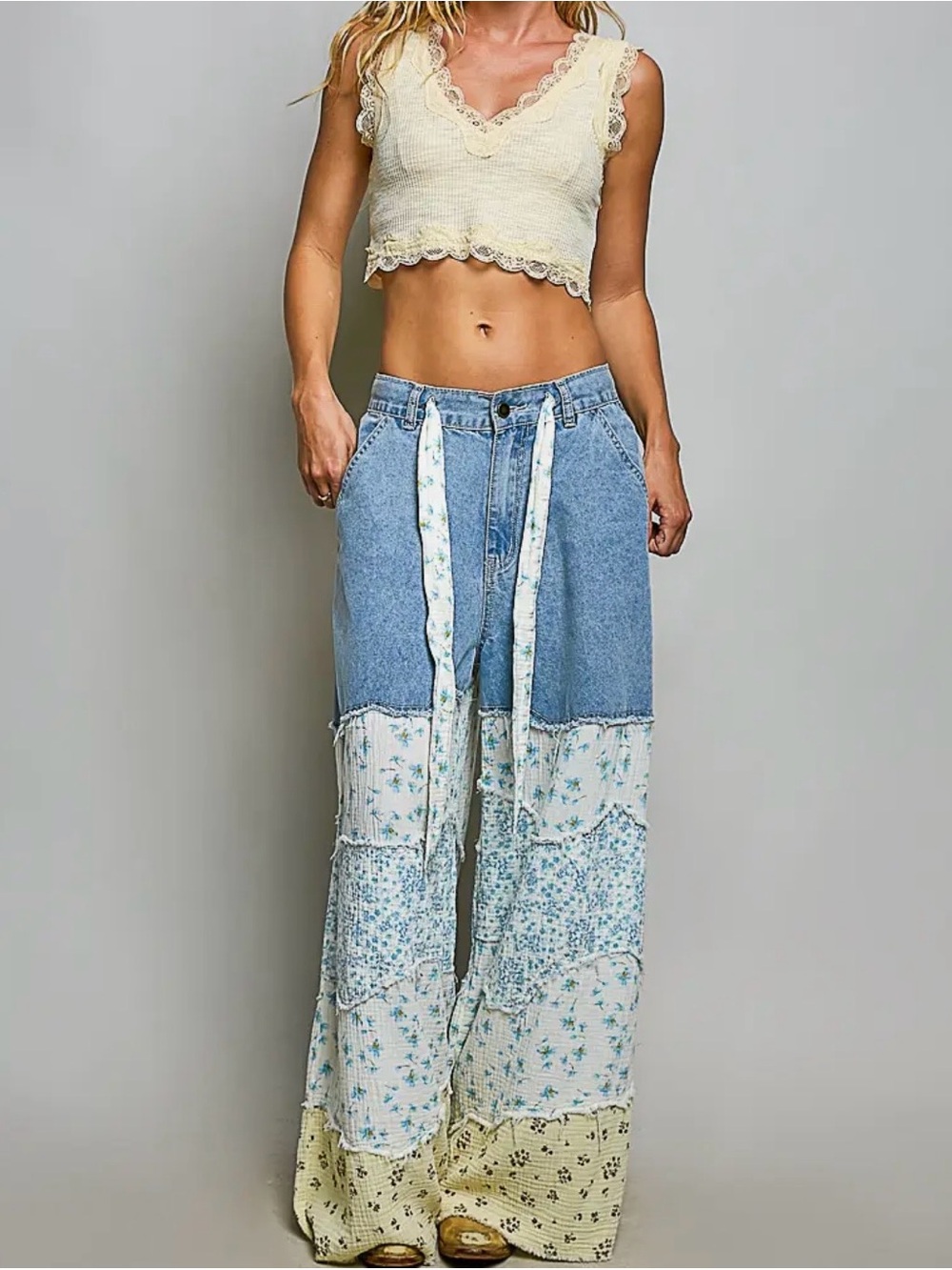 🤗 POL-Varied Asymmetrical Patchwork Buckle
Back Detail Woven Pants